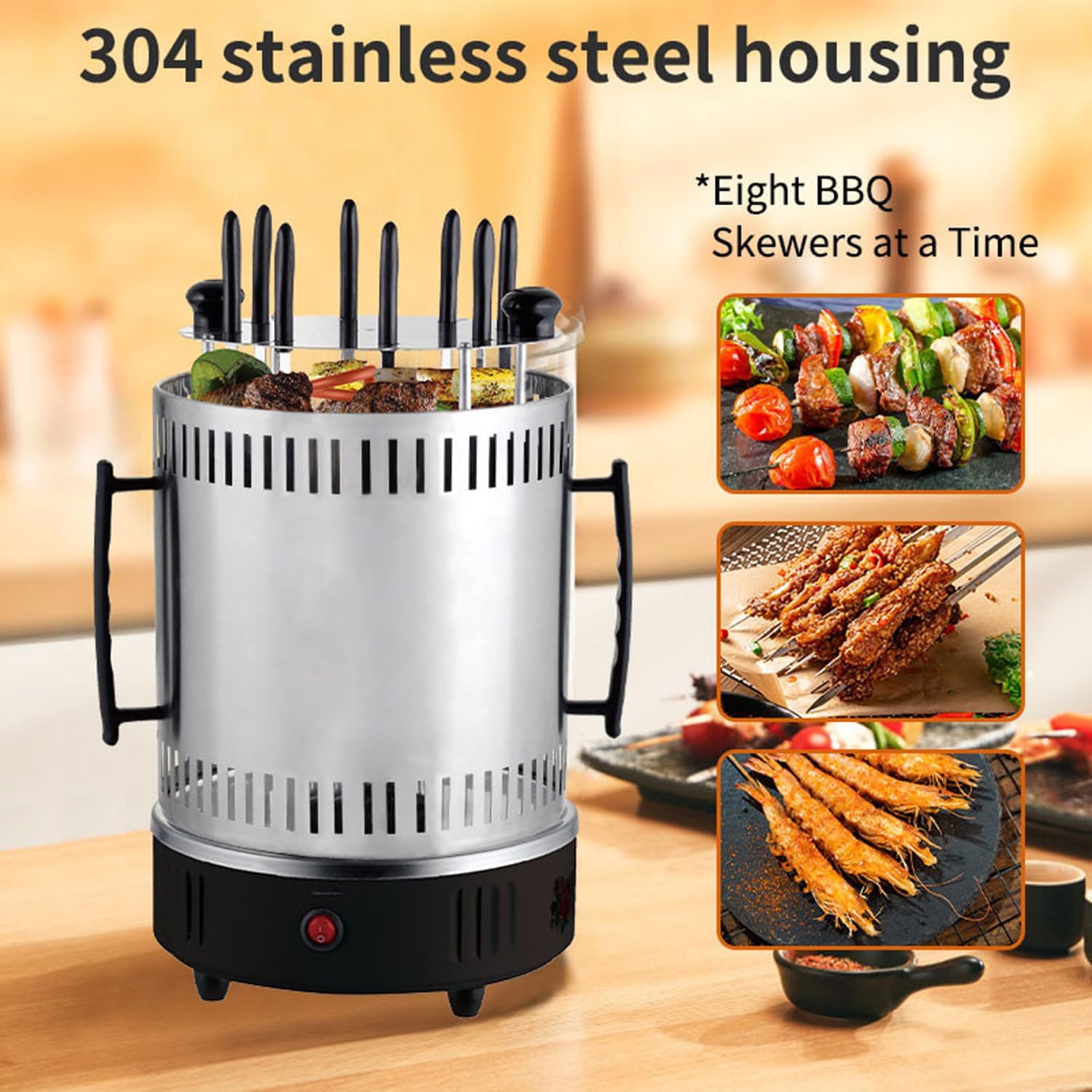 1500W Electric Rotating Vertical Rotisserie Grill, 360° Fully Automatic Barbecue Shawarma Machine, with Oil-Receiving Cup, 8 Grilling Forks, for Kebabs, Skewers and Roasts
