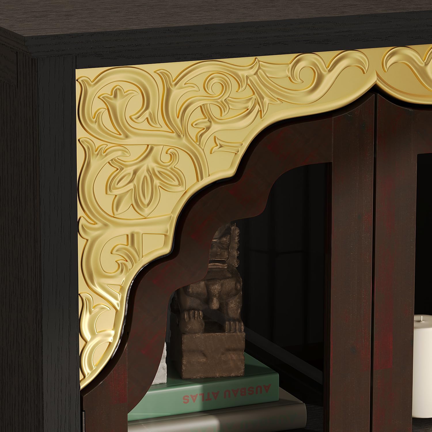 Carved Storage Cabinet with 2 Glass Doors & Drawer, Pooja Mandir with 5-Tier Shelves, Gold Accents, Decorative Cabinet Display Cabinets for Living Room Black and Brown(31.5'W x 15.7'D x 71.8'H)