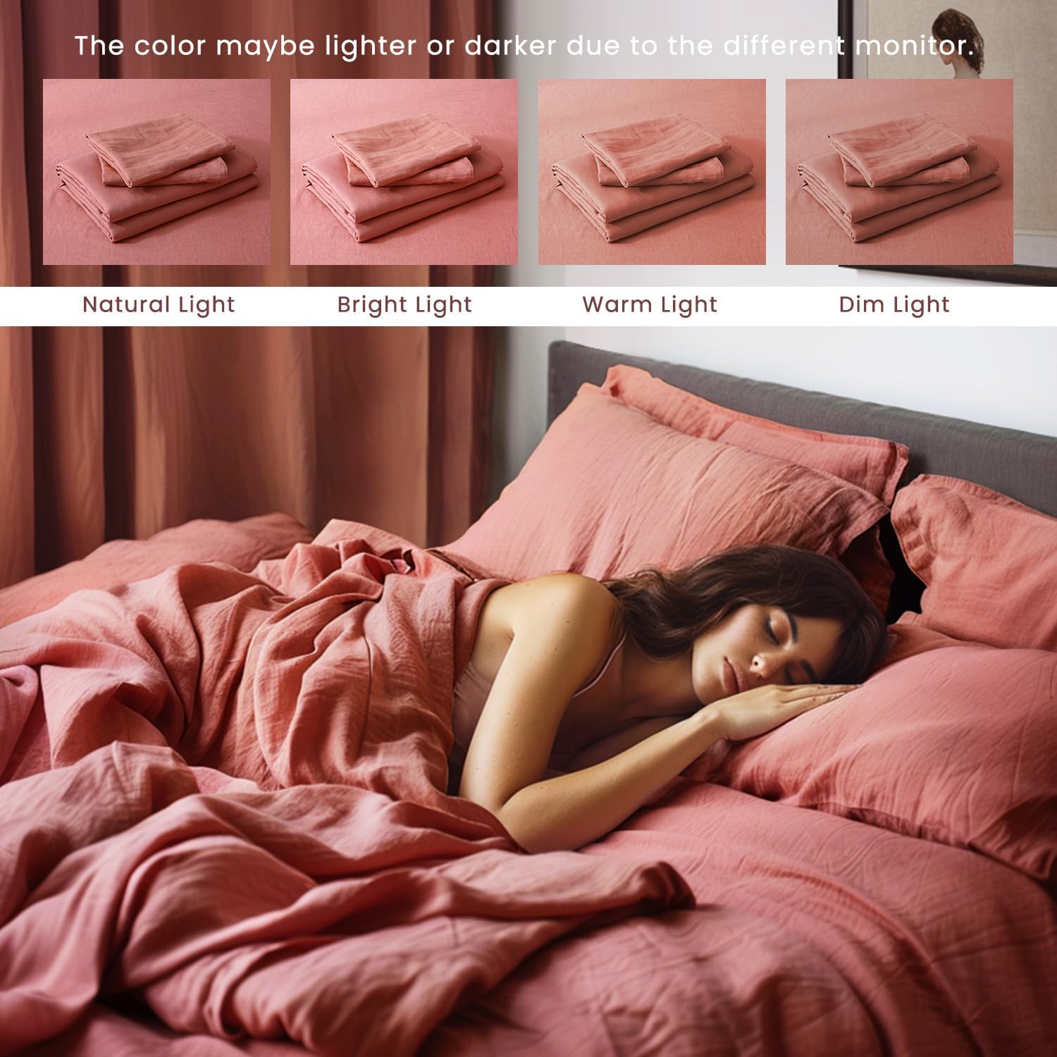 S VICTORY SYMBOL 100% Organic Linen Sheets Set Queen Size,Washed French Flax Bed Sheets 4Pcs(2 Pillowcases,1 Fitted Sheet,1 Flat Sheet) Clay