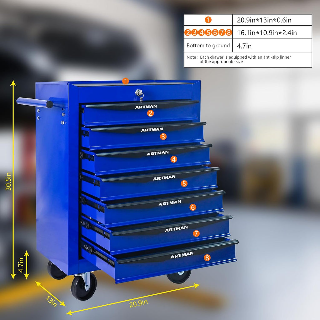 Rolling Tool Chest Cart with 7 Drawers,Storage Tool Cabinet on 4 Wheels. Lockable Tool Cart with Drawer Liners.Steel Tool Box Organizer for Garage,Repair Workshop-Blue