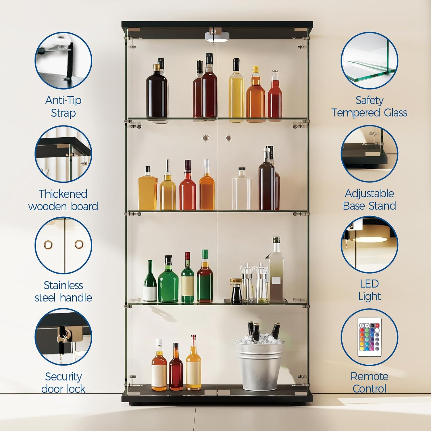 4-Tier 64.6h' Tempered Glass Display Cabinet (Black) - Full-Glass Curio Case with 13-Color LED Lights & Human Body Sensor, 17.6LBS/Layer Capacity, Quick-Install Storage for Collectibles & Decor