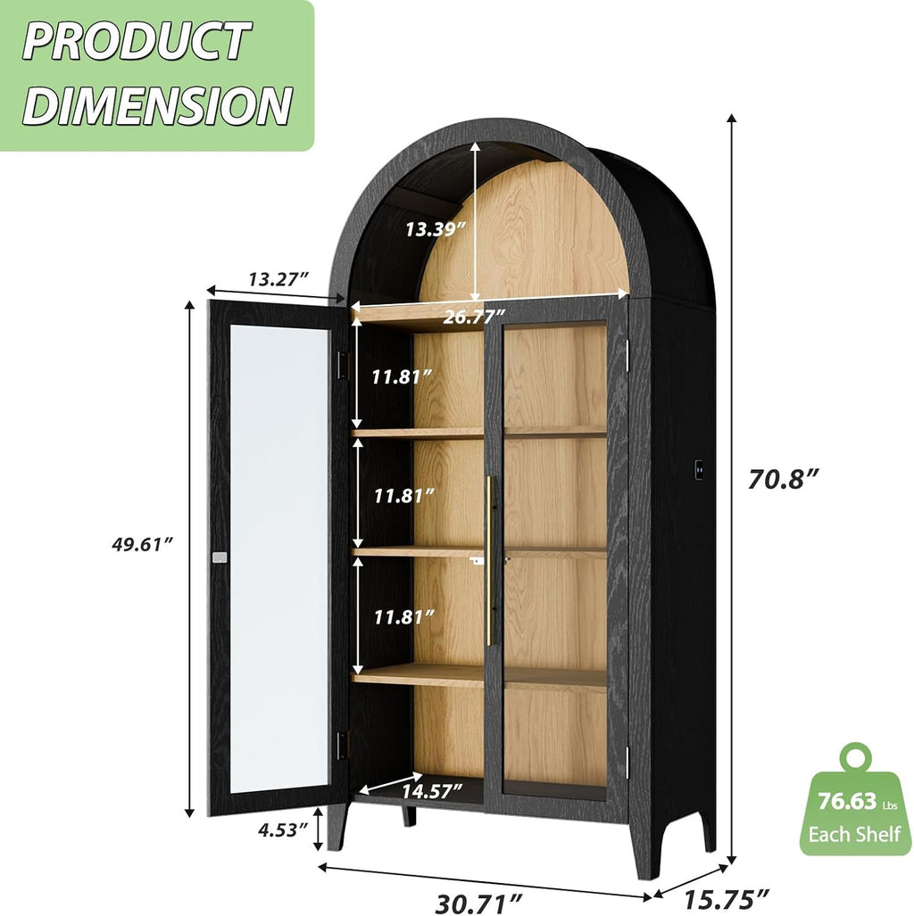 71'H Arched Storage Cabinet with Glass Doors, Modern Display Cabinet with 3 Color Light & Human Body Sensor, 5 Tier Kitchen Pantry Cupboard for Living Room, Dining Room, Black & Oak