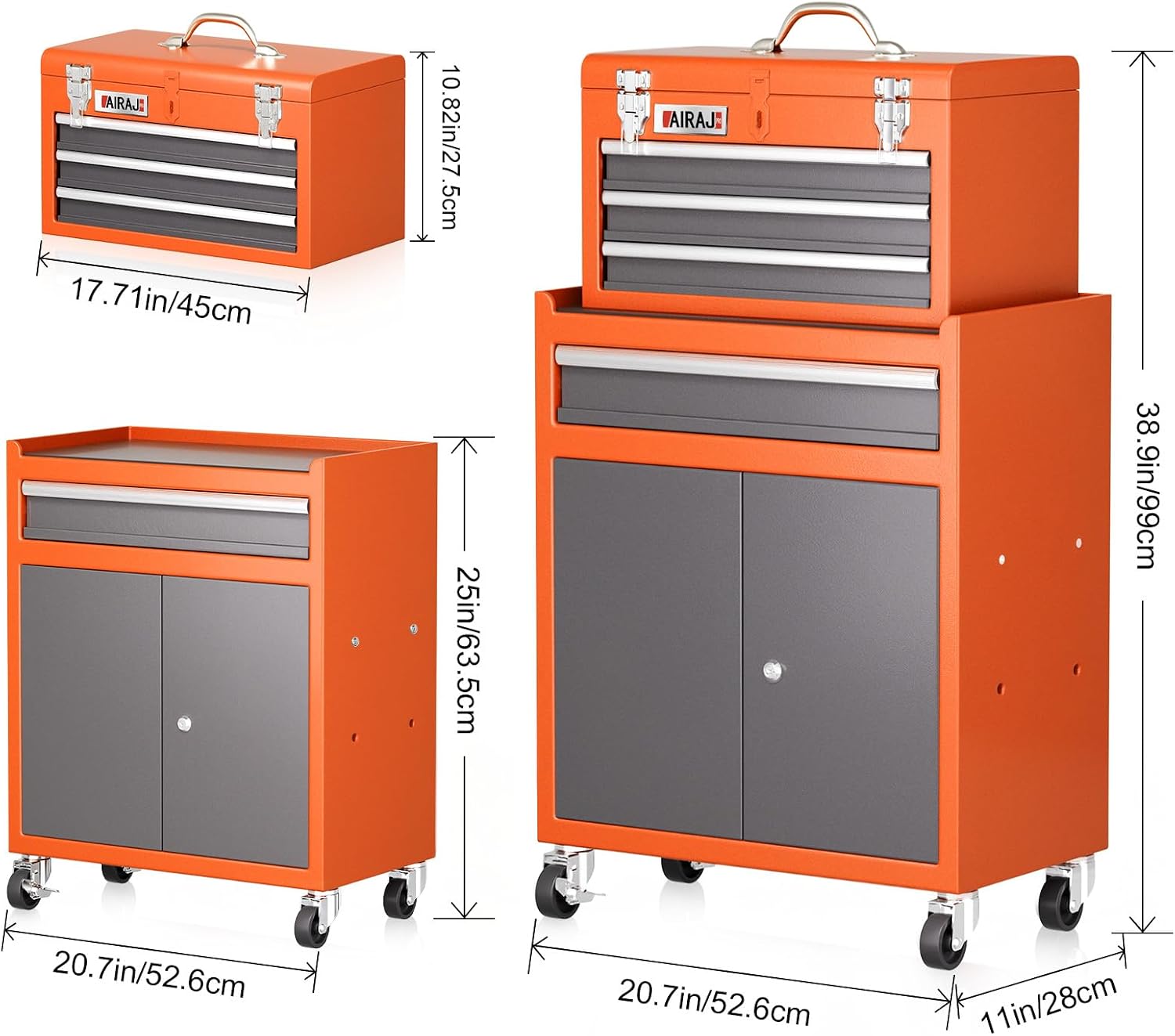 Tool Chest 4 Drawer,Large Rolling Tool Chest with Wheels,Detachable Top Tool Box,Metal Rolling Tool Box with Wheels for Garage Workshop,Orange