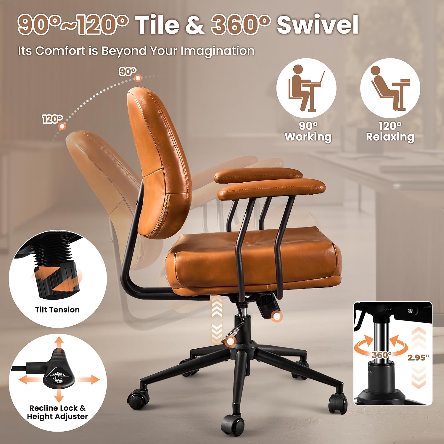 ovios Ergonomic Office Chair, Mid Back Faux Leather Executive Chairs with Thick Cushion, Comfy Mid-Century Modern Swivel Rolling Computer Armchair (Brown, PU Leather)