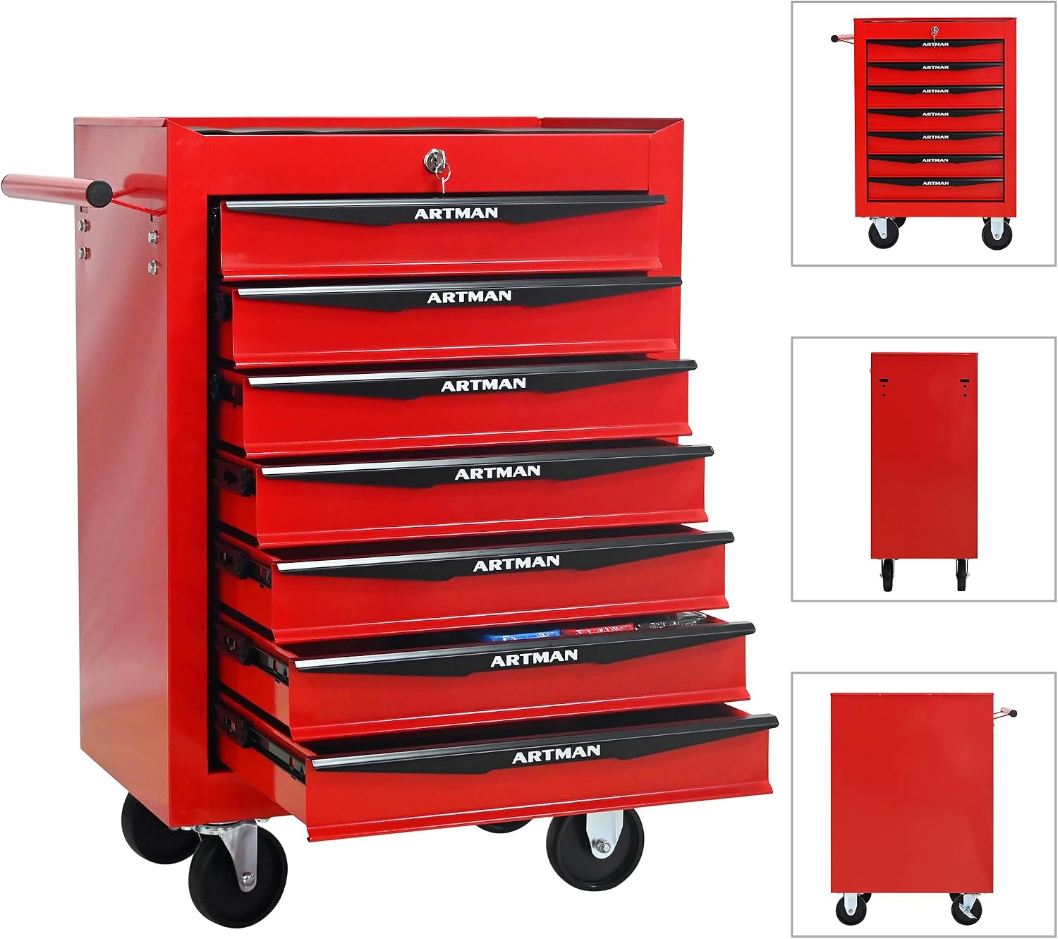 Rolling Tool Chest Cart with 7 Drawers,Storage Tool Cabinet on 4 Wheels. Lockable Tool Cart with Drawer Liners.Steel Tool Box Organizer for Garage,Repair Workshop-Red