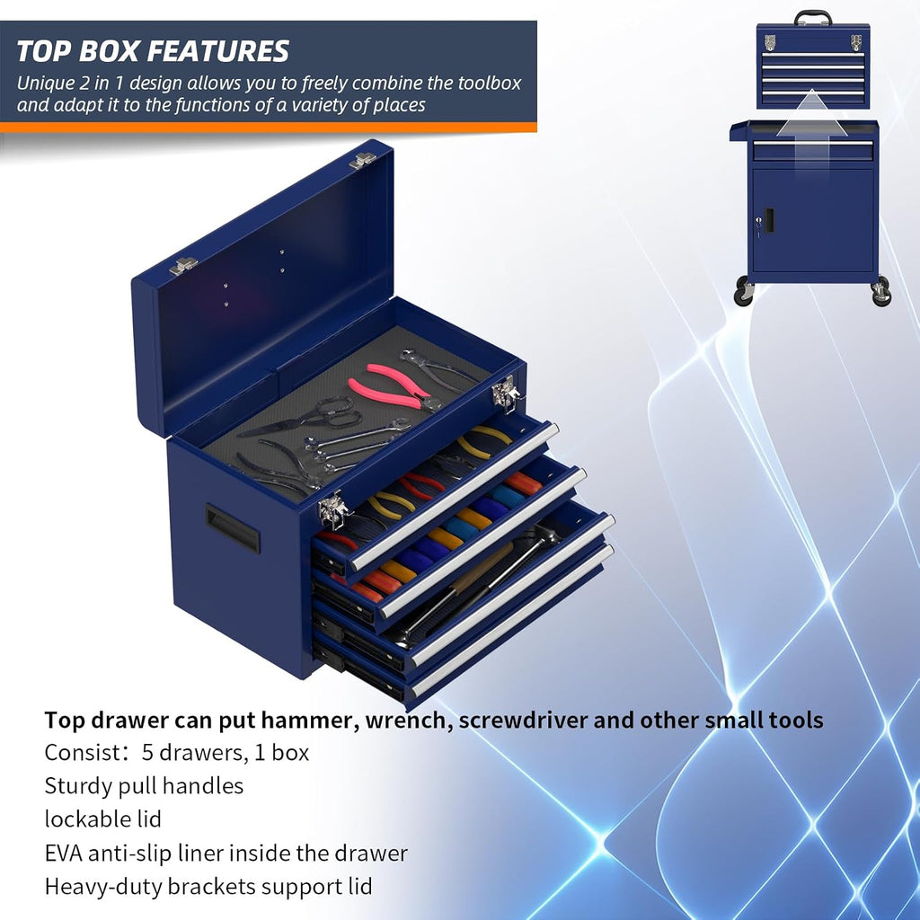 5-Drawer High Capacity Rolling Tool Box, Removable Cabinet Storage Tool Chest with Wheels and Drawers, Detachable Toolbox with Lock for Mechanics Garage Workshop and Tool Room (Blue)