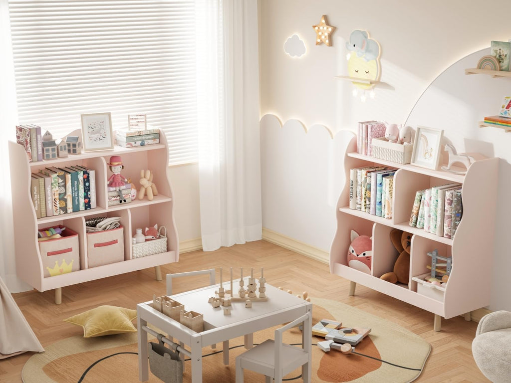 Treocho Kids Bookshelf and Toy Storage Orangizer, 3-Tier Wooden Children's Bookcase with Curve Design, 5 Cubbies Toy Storage Cabinet Display with Legs for Children's Room, Playroom, School, Pink