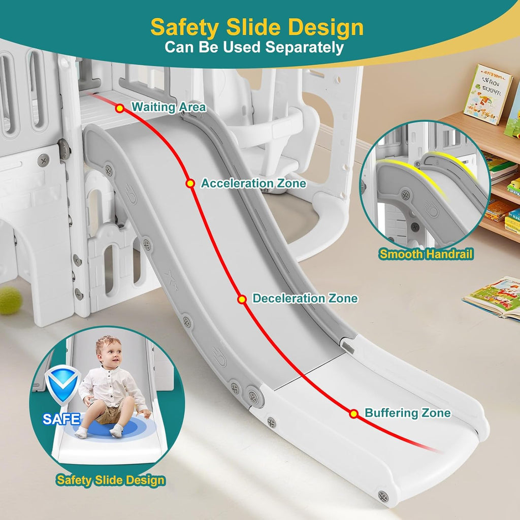 JOYLDIAS 10 in 1 Toddler Slide, Freestanding Kid Climber Slide Playset, Toddler Playhouse with Slide and Swing, Basketball Hoop, Telescope, Indoor Outdoor Backyard Playground Toy for Toddlers Age 1-3+