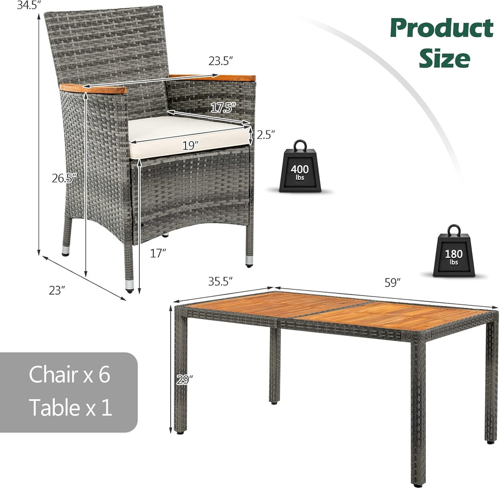 Tangkula 7 Pieces Outdoor Dining Furniture Set, Patio Rattan Conversation Set with Spacious Acacia Wood Table, 6 Chairs with Widened Armrests, Non-slip Foot Pads, Suitable for Backyard Poolside (Grey)