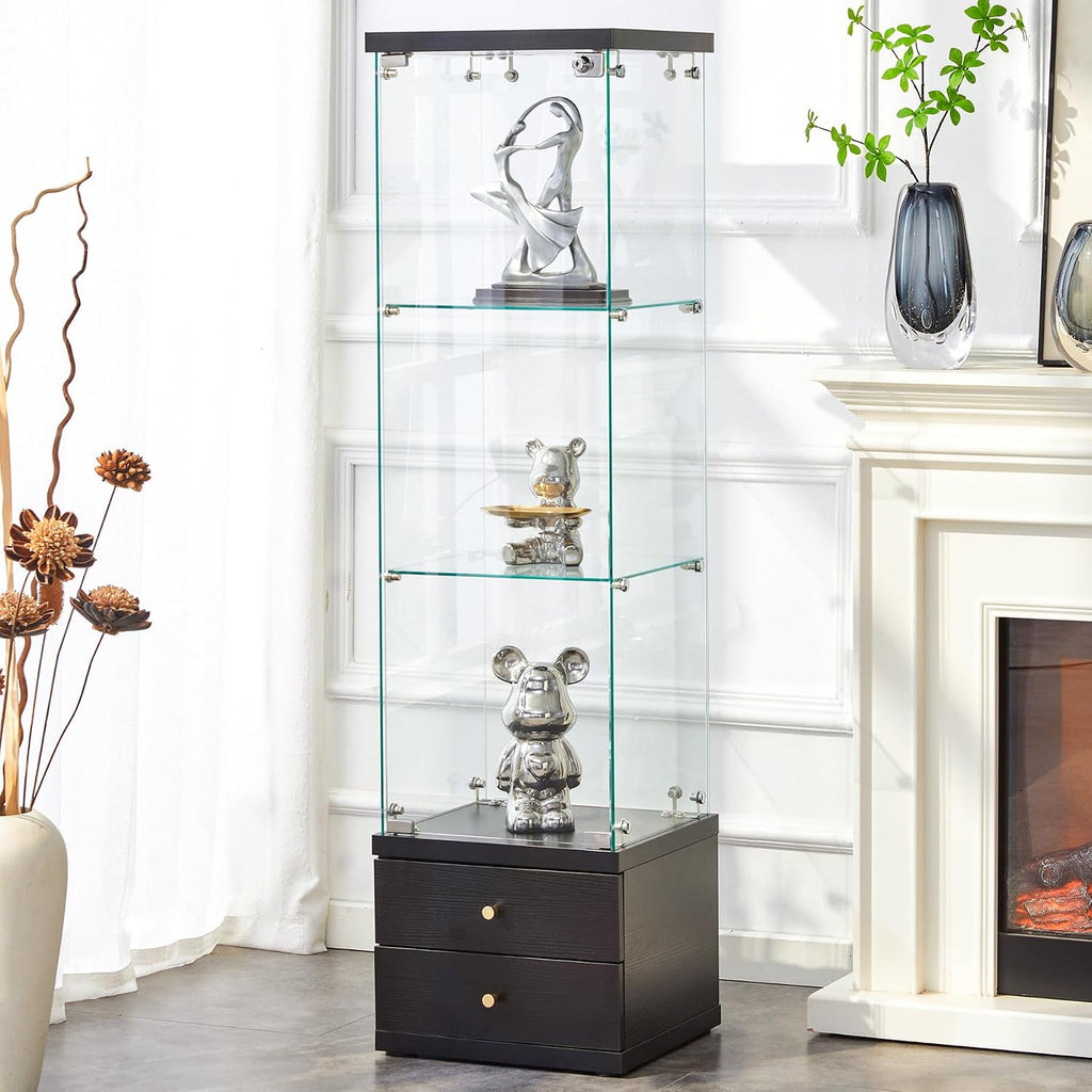 Modern Glass Display Cabinet 3-Shelf Curio Cabinets with 2 Storage Drawers,Tempered Glass Collection Display Showcase for Living Room Home Office,Black