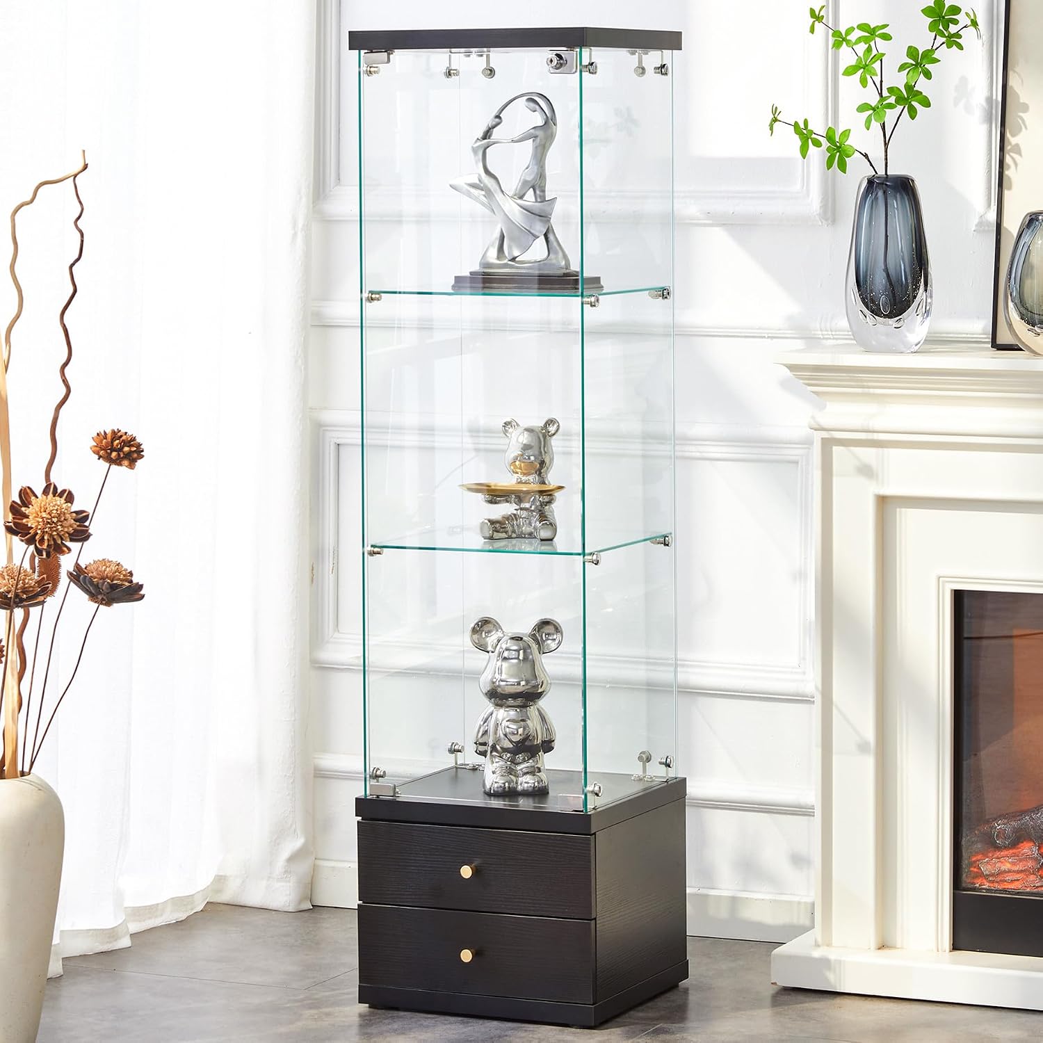 Modern Glass Display Cabinet 3-Shelf Curio Cabinets with 2 Storage Drawers,Tempered Glass Collection Display Showcase for Living Room Home Office,Black