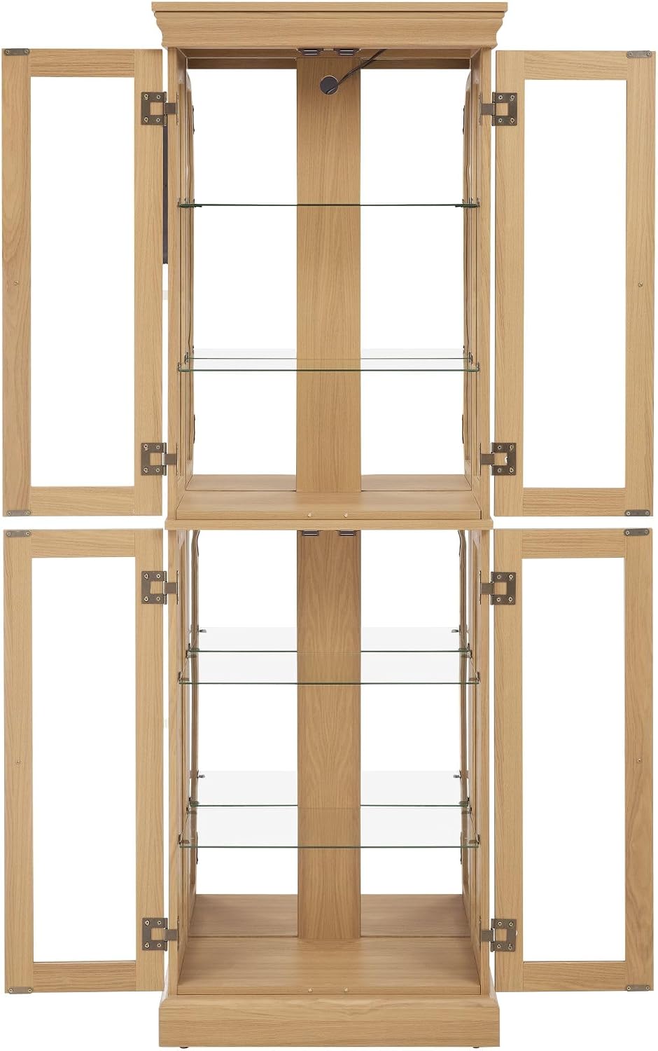 Lighted Curio Cabinet 71' Vintage Glass Display Case with Adjustable Shelves, 4 Tempered Glass Doors, Bulb Included, Wooden Square Wine Bar China Cabinet for Living Room Liquor Storage (Light Oak)
