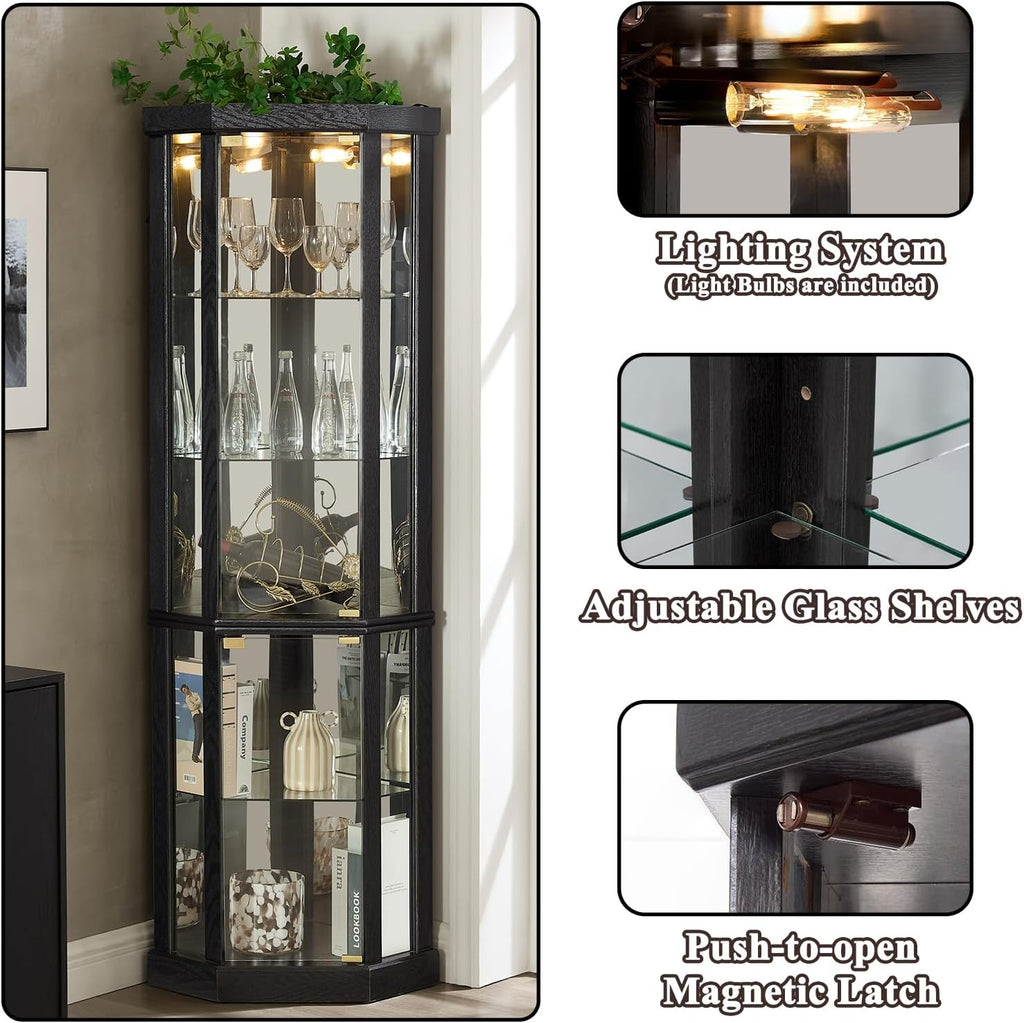 69' H Lighted Corner Display Cabinet, 5-Tier Wooden Curio Glass Cabinet with Adjustable Shelves & Glass Door, Corner Storage Display Case with Mirrored Back Pane for Living Room (Black)