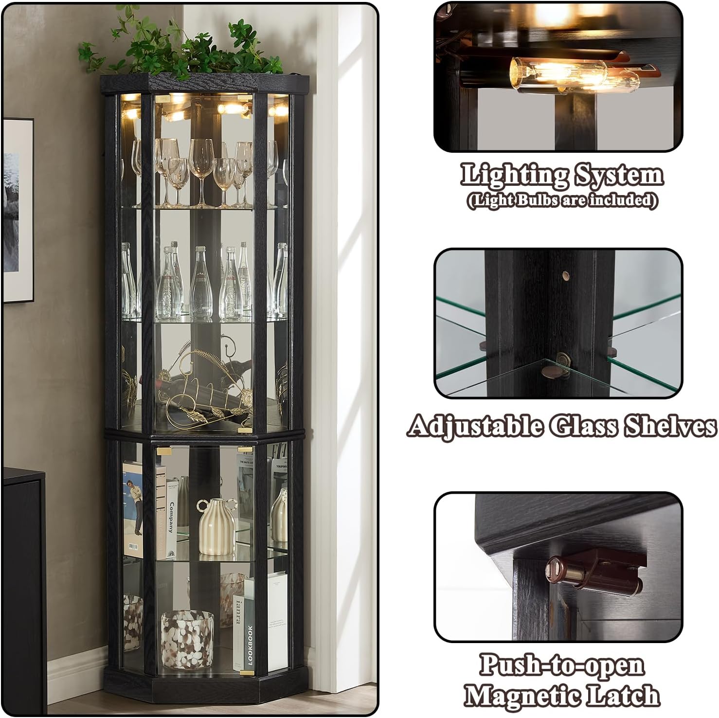 69' H Lighted Corner Display Cabinet, 5-Tier Wooden Curio Glass Cabinet with Adjustable Shelves & Glass Door, Corner Storage Display Case with Mirrored Back Pane for Living Room (Black)