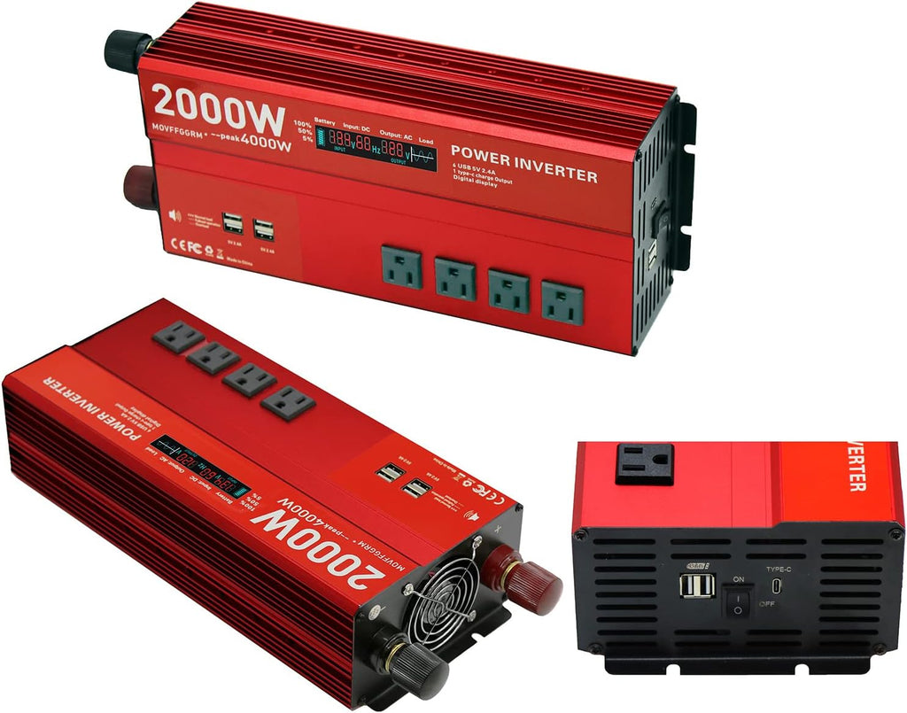 2000W 12V Power inverters for Vehicles,Peak 4000 watt, Car/Truck DC 12V to 110V 4AC Converter, 6 USB 2.4A Ports,with 18W Type-C Quick Charge Port,LCD Digital Display