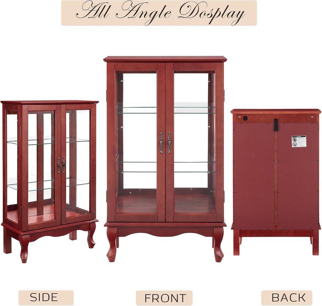 44' Small Lighted Glass Accent Curio Cabinet, Vintage China Cage with 2 Tempered Glass Doors & Adjustable Shelves, Acrylic Mirrored Pane, Elegant Wine Artwork Showcase Rack for Living Room (Cherry)