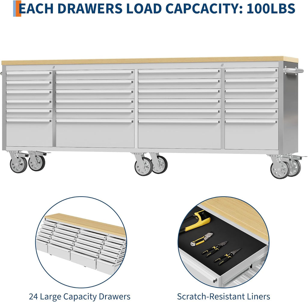 GarveeLife 96-Inch Rolling Tool Chest with 24 Drawers Garage Workbench, Solid Rubberwood Top, Storage Cabinet with Wheel Lock and Key Lock for Workshop, Garage, Kitchen and Home