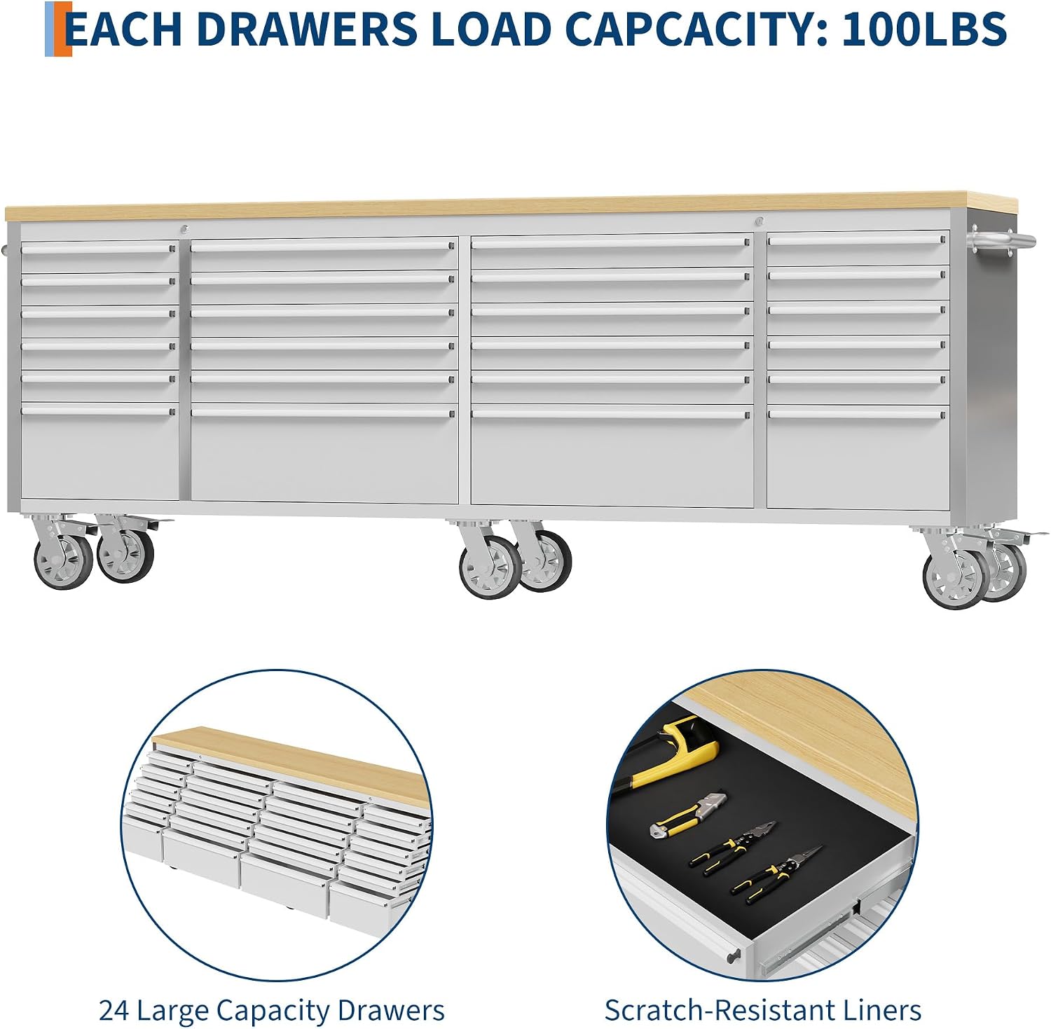 GarveeLife 96-Inch Rolling Tool Chest with 24 Drawers Garage Workbench, Solid Rubberwood Top, Storage Cabinet with Wheel Lock and Key Lock for Workshop, Garage, Kitchen and Home