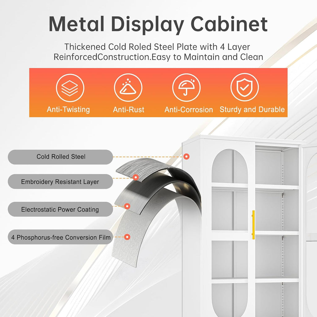47'H Metal Display Cabinet with Glass Door and Lock, Tall Storage Cabinet with 3 Adjustable Shelves, 4 Tier Liquor Cabinet Metal Curio Cabinet Multi-Purpose Display Case for Collectibles Living Room