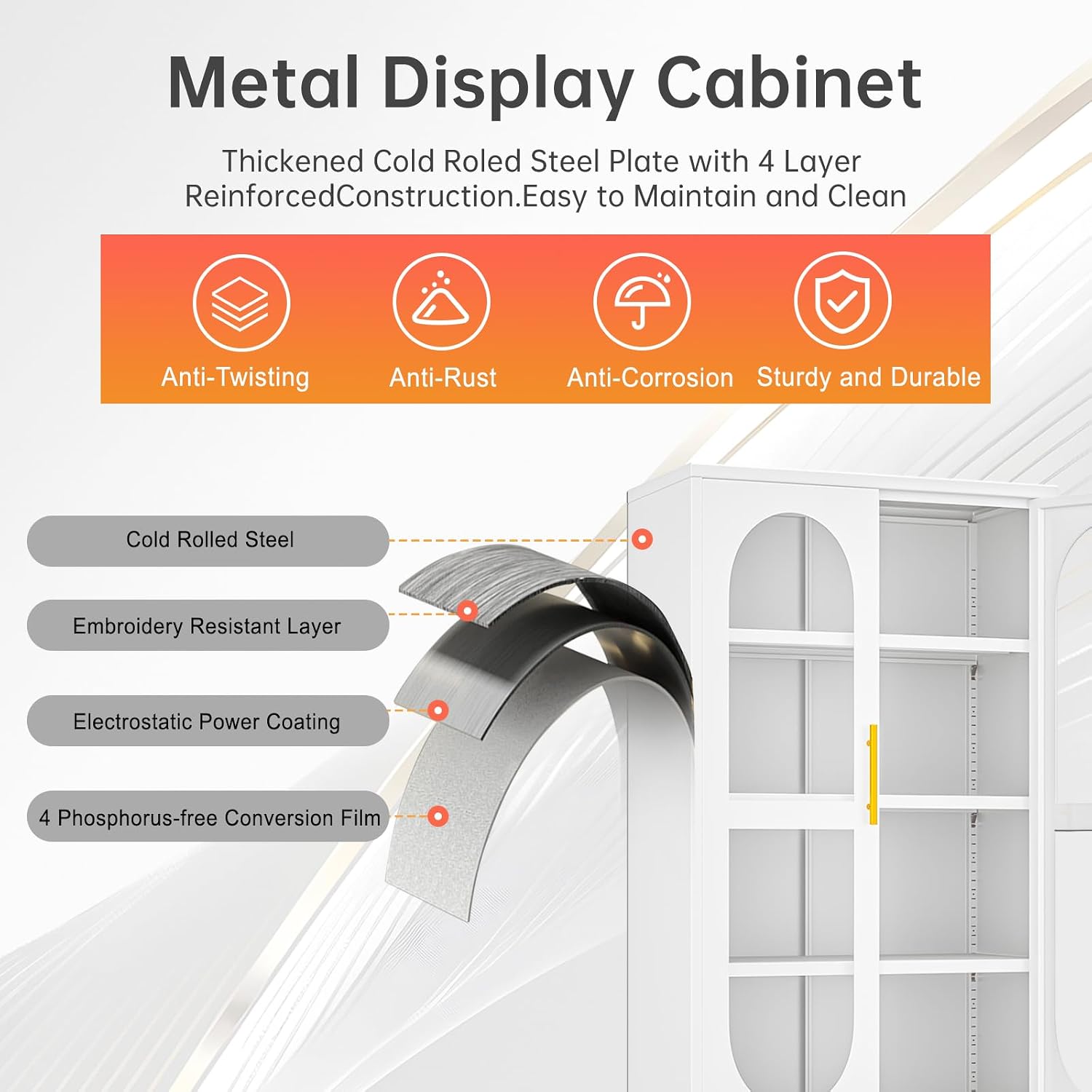 47'H Metal Display Cabinet with Glass Door and Lock, Tall Storage Cabinet with 3 Adjustable Shelves, 4 Tier Liquor Cabinet Metal Curio Cabinet Multi-Purpose Display Case for Collectibles Living Room