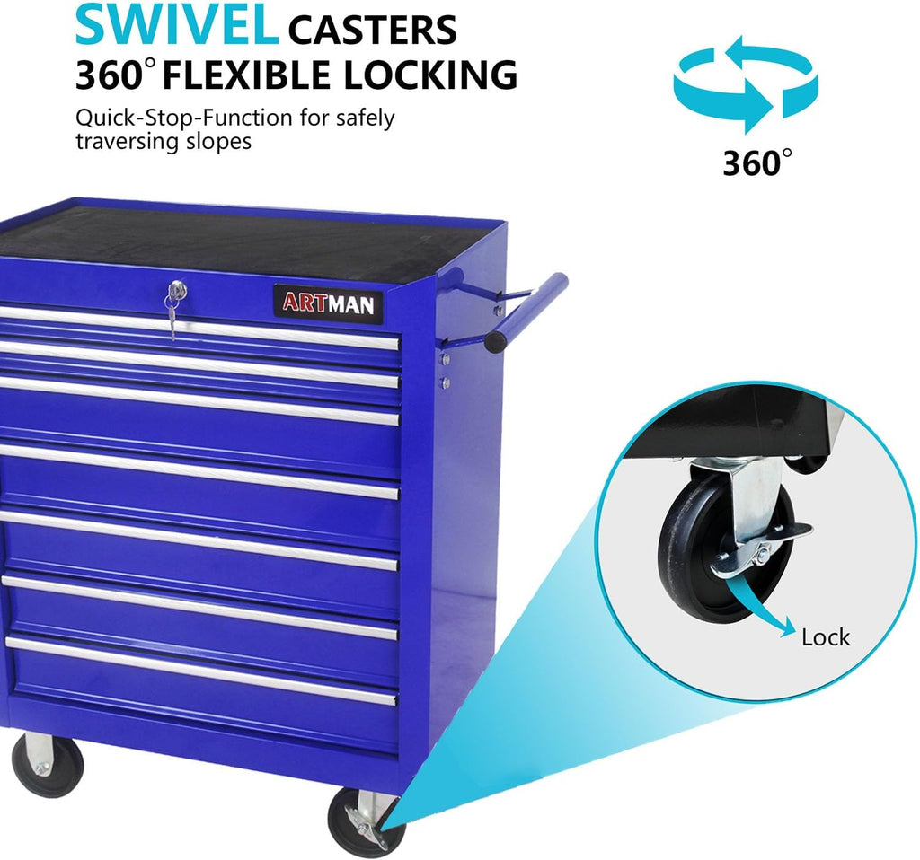 7-Drawer Tool Cart on Wheels, Drawers Rolling Tool Chest with Key Lock, Mobile Trolley Organizer Tools Box with Locking Wheels & Ball Bearing Drawers for Garage,Repair Shop (Blue)
