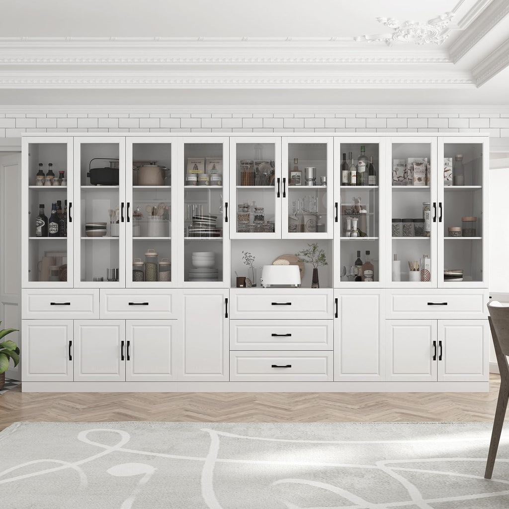 Tall Bookshelf with Glass Doors & Drawers, Large Storage Cabinet Home Office Bookcase with Doors & Shelves, Glass Display Cabinet for Living Room, White (63' W x 15.7' D x 78.9' H)