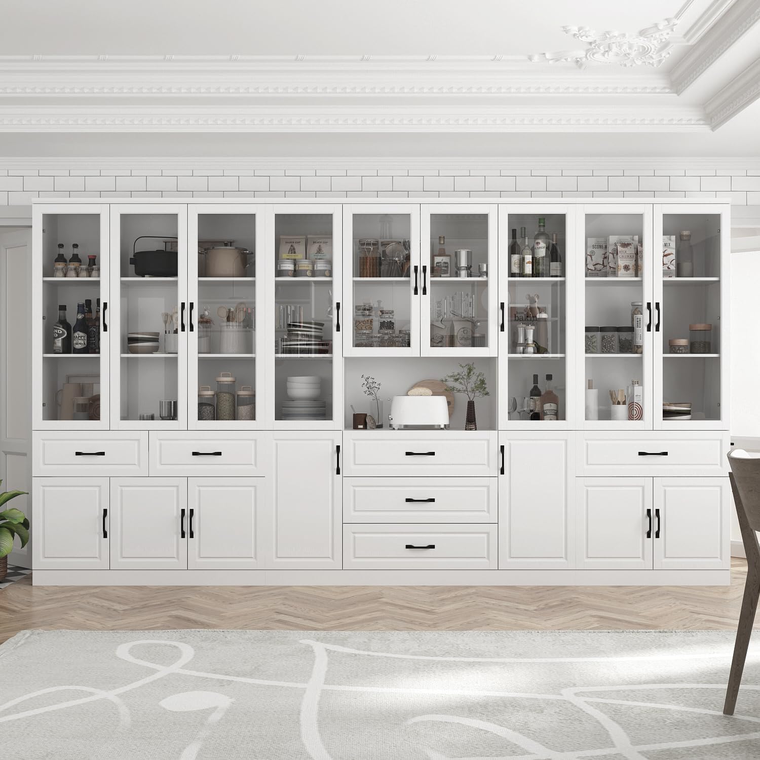 Tall Bookshelf with Glass Doors & Drawers, Large Storage Cabinet Home Office Bookcase with Doors & Shelves, Glass Display Cabinet for Living Room, White (63' W x 15.7' D x 78.9' H)