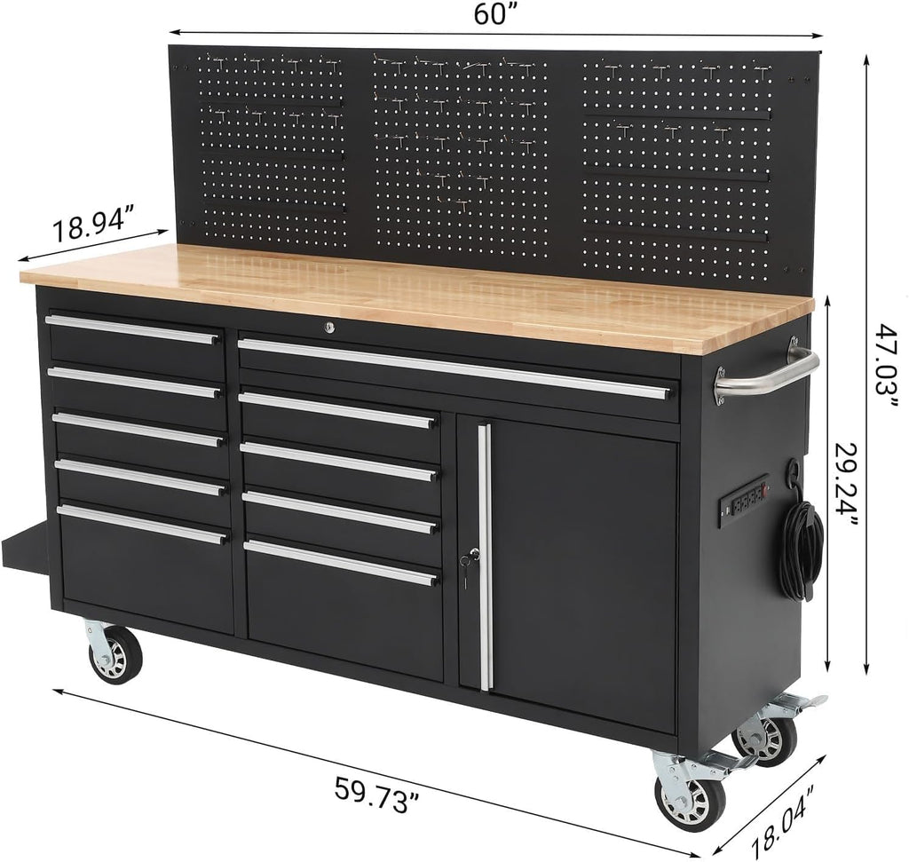 PeakPursuit 61' Rolling Tool Chest with 10 Drawers, Workbench Cabinet with Power Strip, Solid Rubber Wood Top, Pegboard, 1675 LBS Load, Mobile Heavy Duty Garage Storage, Locking Wheels, Black