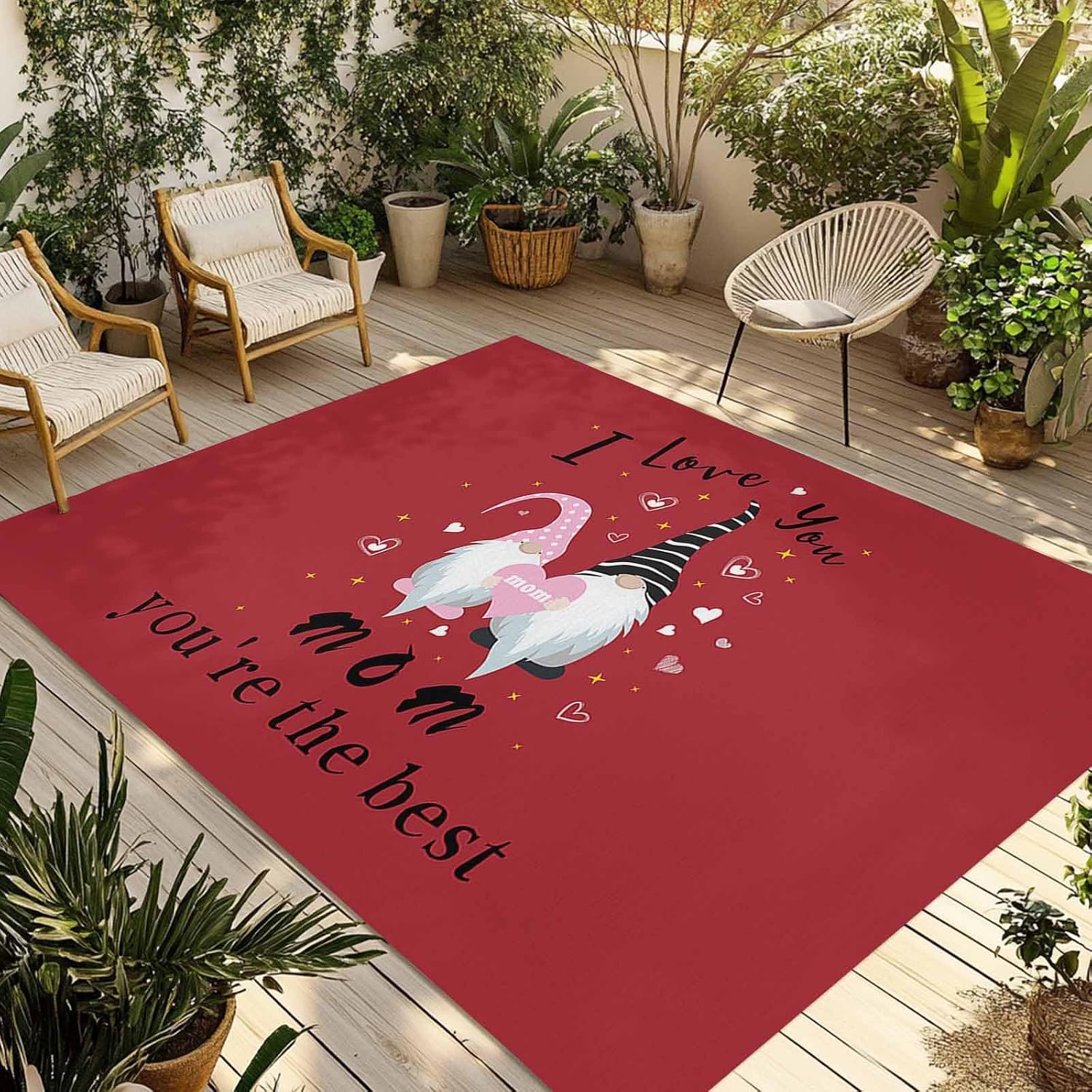 Outdoor Rug 4x6ft Happy Mother's Day Cute Gnomes with Hearts Patio Area Rugs Waterproof Easy Cleaning Non Shedding Thick Mats Red Carpet for Indoor Outdoor Porch Deck Backyard Balcony