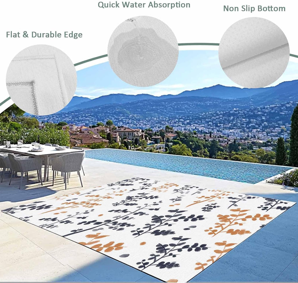 Outdoor Rug 4x6ft Black Orage Leaves Abstract Herb Patio Area Rugs Waterproof Easy Cleaning Non Shedding Thick Mats Country Carpet for Indoor Outdoor Porch Deck Backyard Balcony