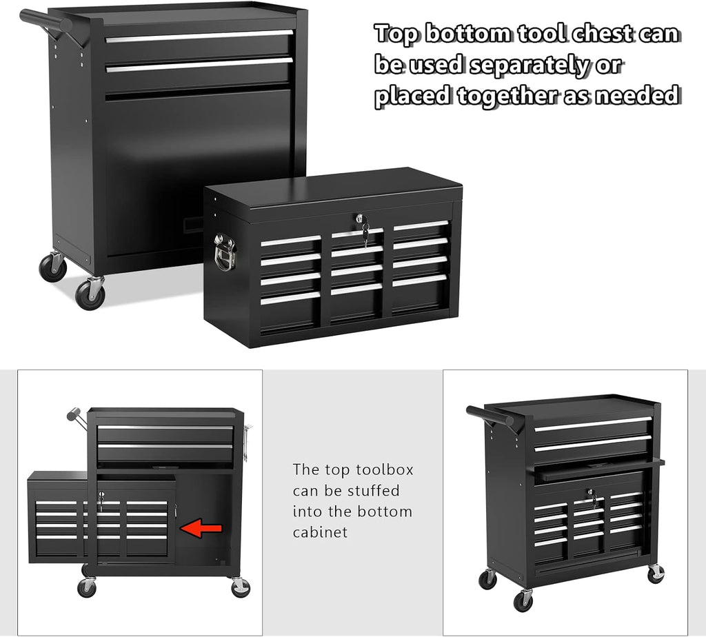8-Drawer High Capacity Tool Chest with 4 Wheels,Lockable Rolling Tool Box and Tool Storage Cabinet,Removable Portable Set-Top Box Tool Organizer with Drawer for Garage Factory Workshop (Black)