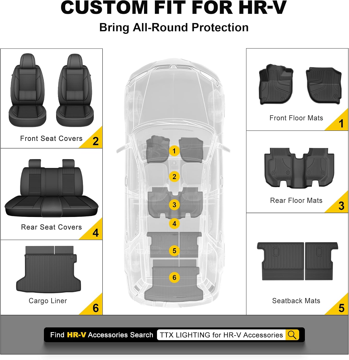 Full Set Floor Mats for Honda HRV 2016-2022 | All Weather TPE Custom Fit HR-V Floor Liners 1st & 2nd Row & Seat Back Mat & Cargo Mat