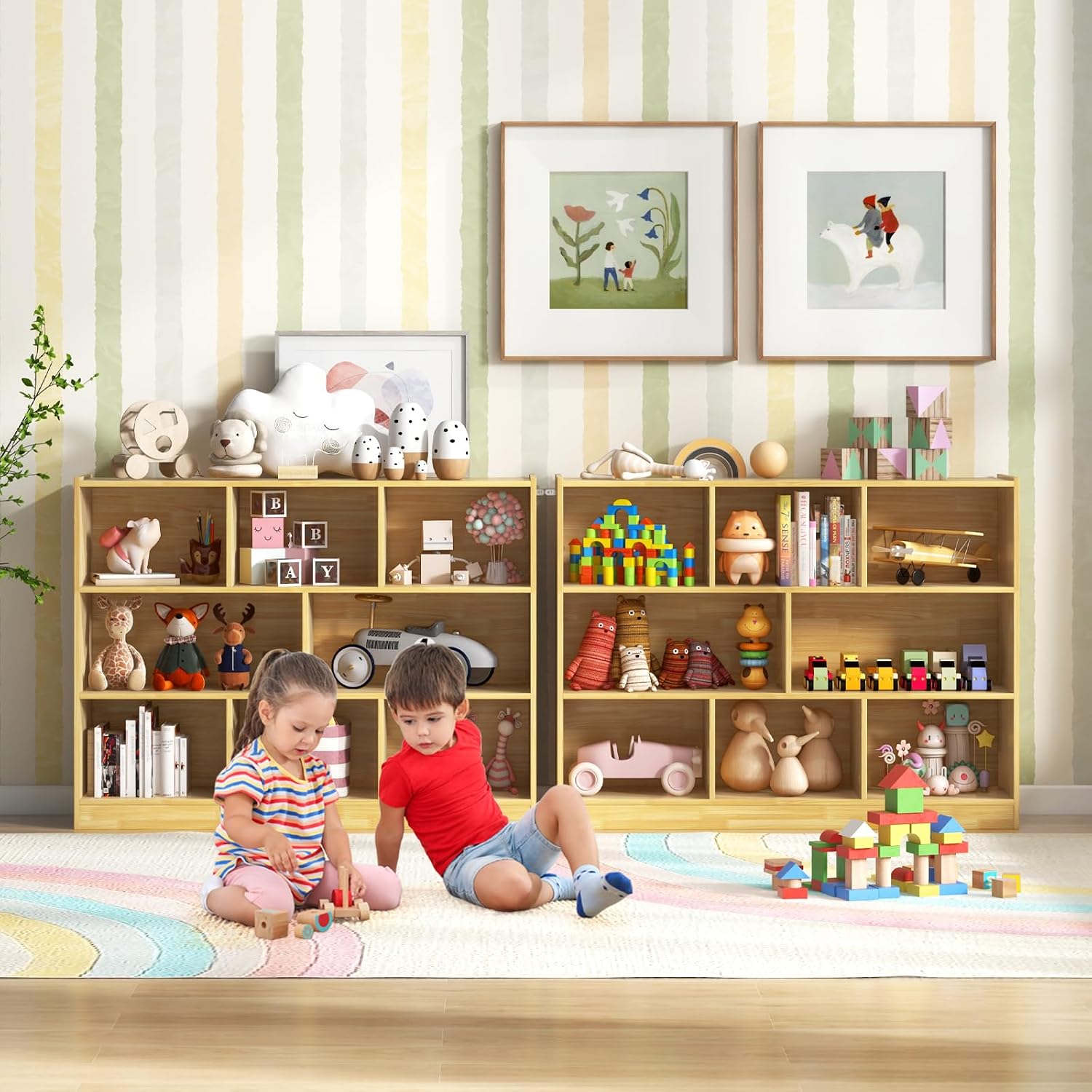 HONEY JOY Kids Toy Storage Organizer, 8-Section Storage Daycare Shelf for Preschool, Children 3-Tier Open Wooden Display Book Shelf Organizer for Classroom, Playroom & Nursery, Kindergarten(Yellow)