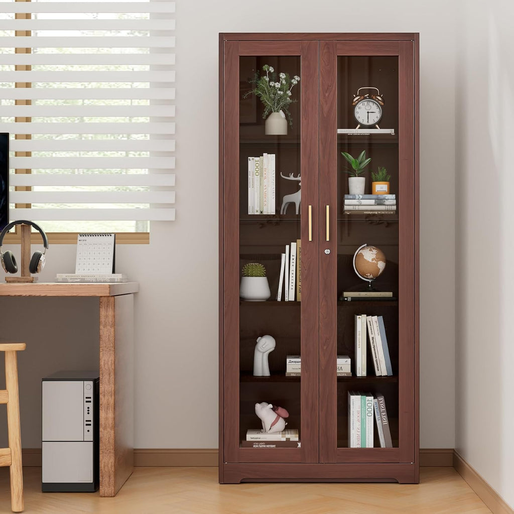 SteeLoong 71' Glass Display Cabinet with Lock,Curio Cabinet with Glass Doors, Metal Display Case with 4 Adjustable Shelves, Brown Bookcase Locking Storage Cabinets for Living Room, Kitchen，Commercial