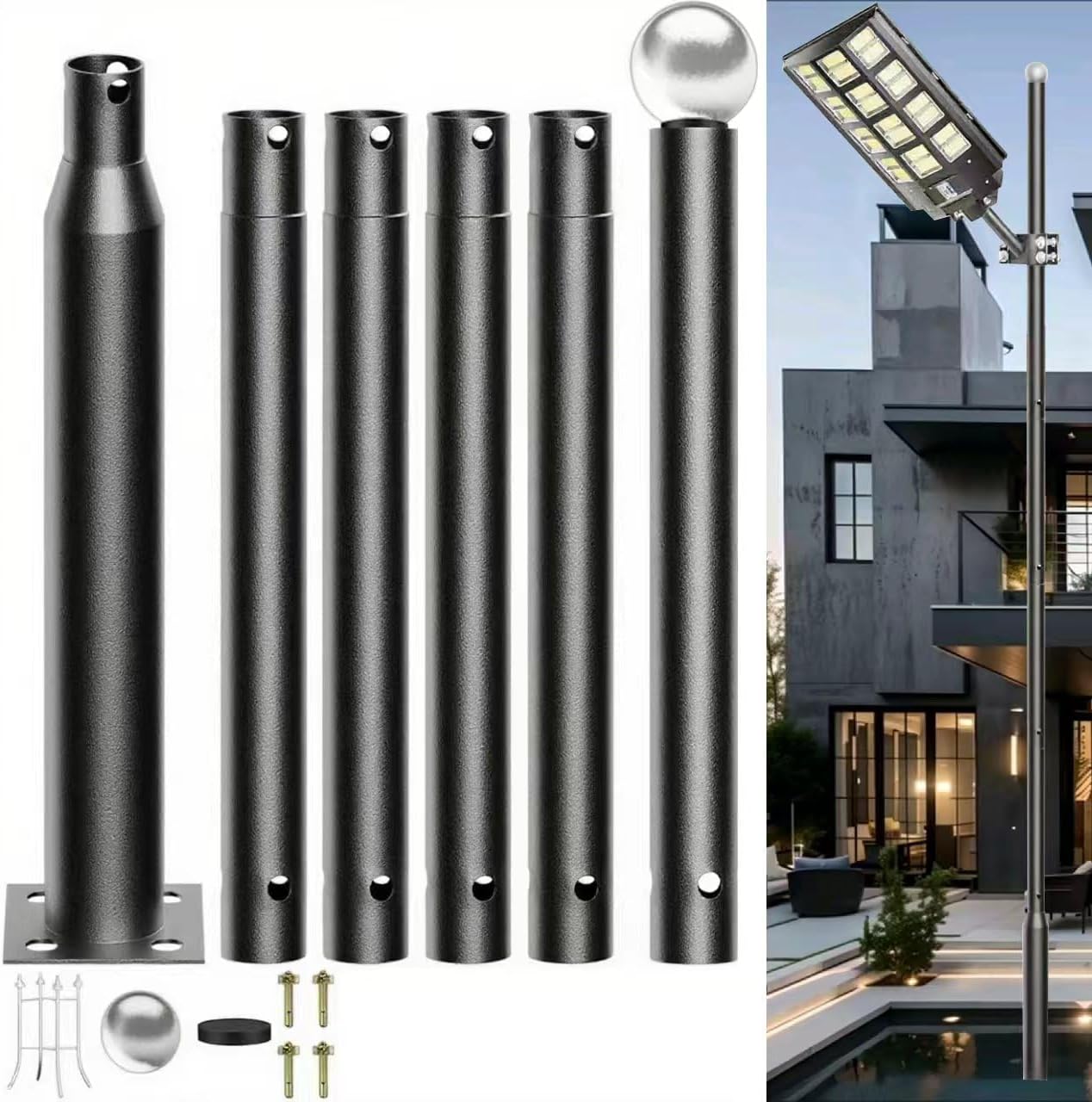 Street Light Pole 20ft Tall - Outdoor Solar Split Street Lamp Post Light Pole with Mounting Steel Anchors for Patio, Street, Backyard, Parking Lot