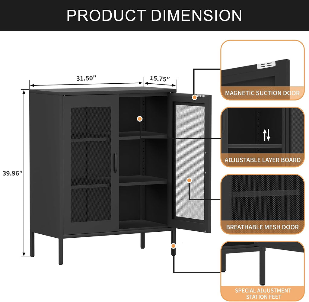 Ustamio Black Metal Storage Cabinet with Mesh Doors, Small Office Storage Locker with 2 Adjustable Shelves, Accent Metal Locker Cabinet for Home, Office, Living Room, Hallway