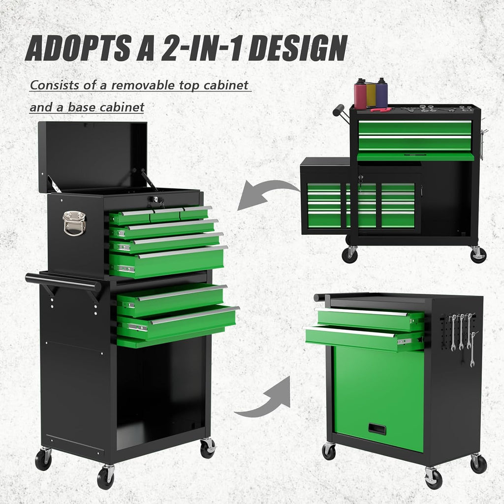 8-Drawer Tool Chest with Wheels,High Capacity Rolling Tool Box with Wheels,Locking Mechanical Tool Chest,Metal Tool Box for Garage Workshop (Blackgreen)