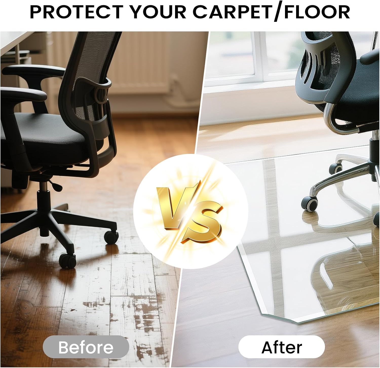 Tempered Glass Chair Mat with Patented Beveled Edge, 46'x55' 1/5' Thick Office Floor Mat for Carpet & Hardwood, w/ 12 Anti-Slip Pads
