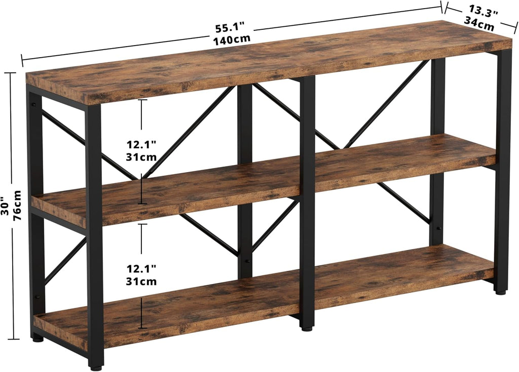 IRONCK Bookshelf Double Wide 55 in 3-Tier, Industrial Bookcases, Wood and Metal Bookshelves, Book Shelves for Home Office Decor Display
