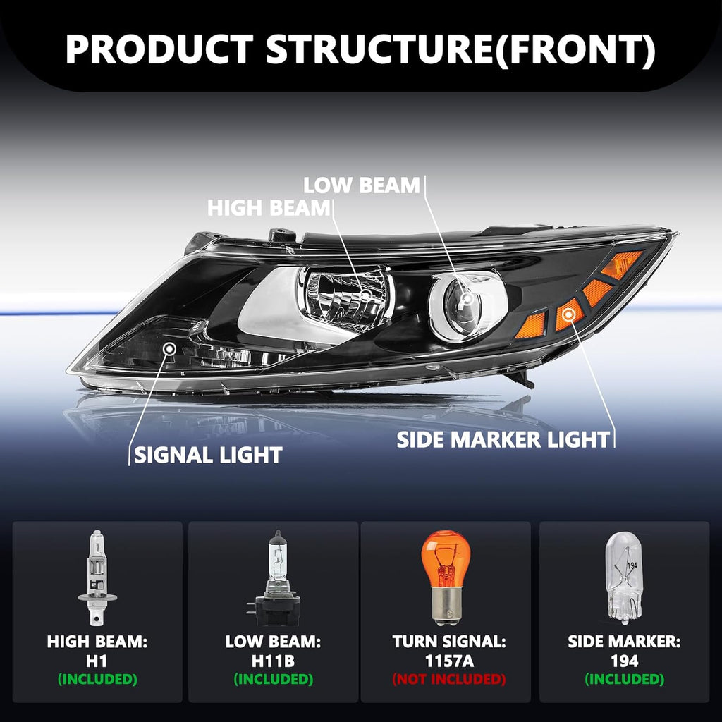 Aosky Compatible With 2011-2013 Kia Optima Headlights Halogen Headlamp Assembly w/bubls OE Black Housing with Amber Reflector Driver and Passenger Side