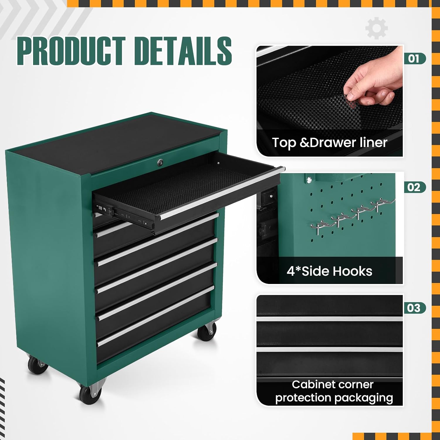 7-Drawer Rolling Tool Chest with Wheels,Tool Cabinet on Wheels with Keyed Locking,Multifunctional Tool Cart on Wheels,Tool Storage Organizer Cabinets for Garage,Warehouse, Repair Shop (Black Green)