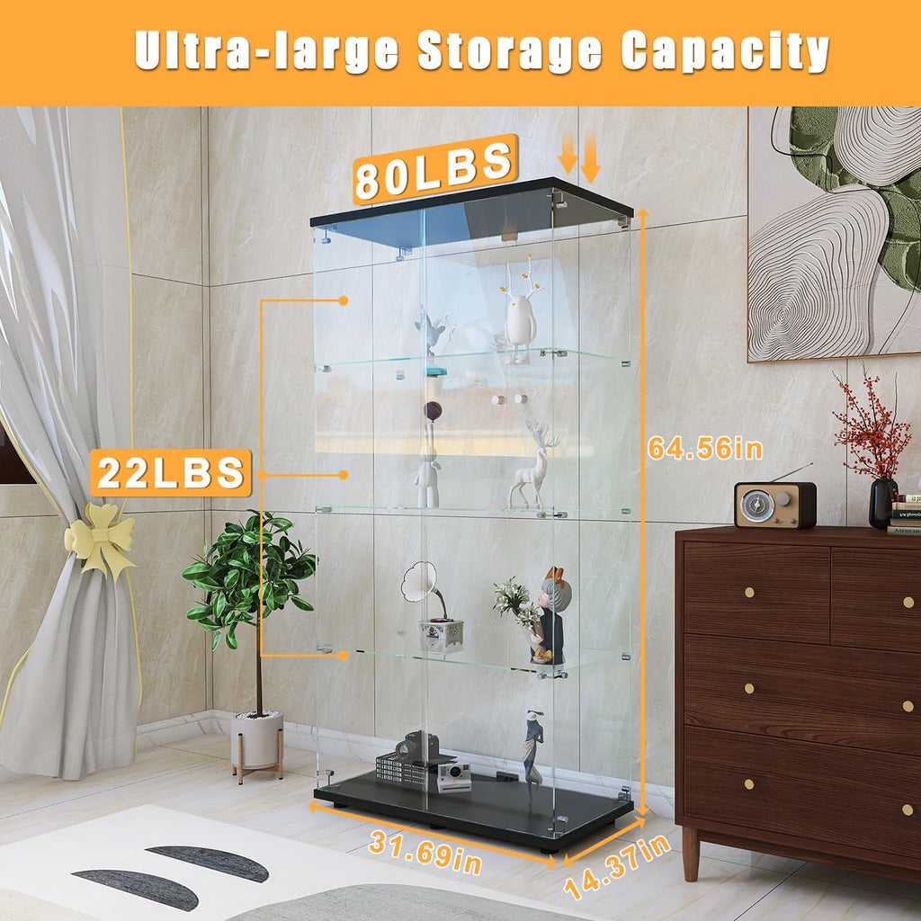 Zevemomo 4 Shelves Glass Display Cabinet with Doors, 31.69'x 14.37'x 64.56' Curio Figure Collection Display Case, Transparent Glass Stand Shelf, Toy Storage Organizer Cabinet for Home Office Hall