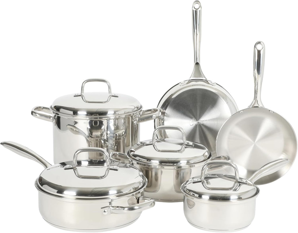 Oster Platinum Sedwick 10-Piece Stackable Stainless Steel Pots and Pans Cookware Set W/Domed Stainless Steel Lids W/TriPly Encapsulated Base - Induction Safe
