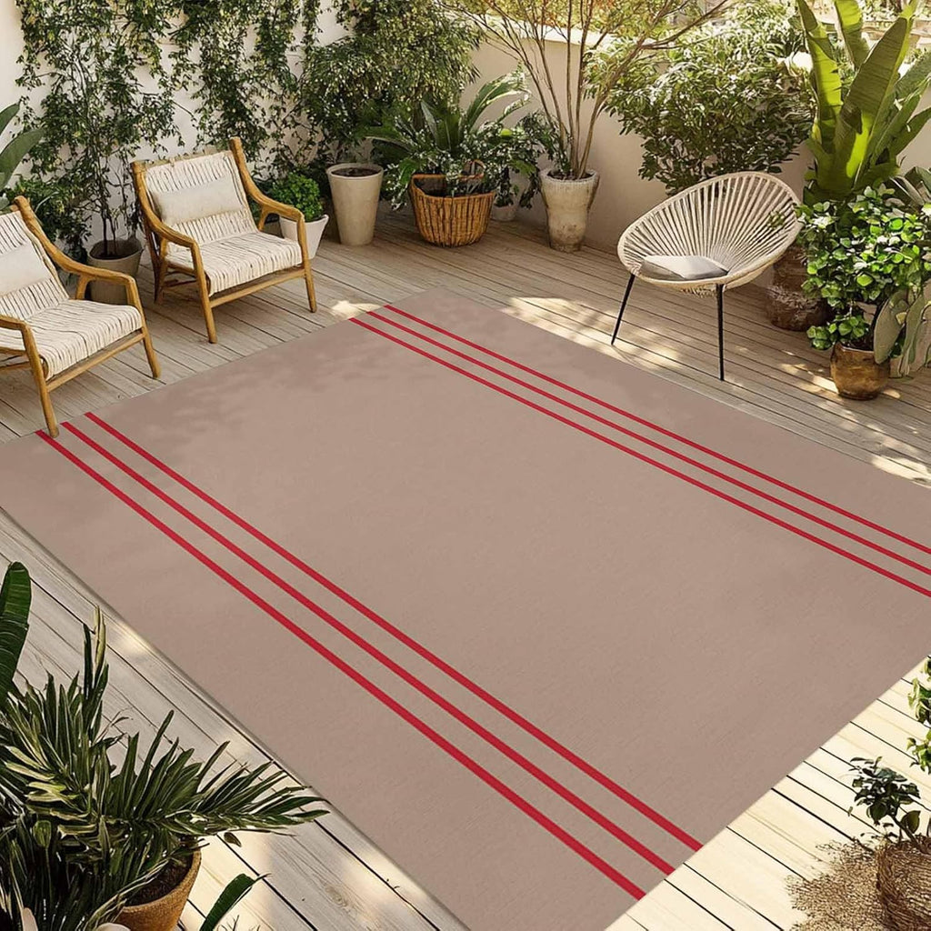Outdoor Rug 4x6ft Vintage Red Line Stripes Patio Area Rugs Waterproof Easy Cleaning Non Shedding Thick Mats Brown Carpet for Indoor Outdoor Porch Deck Backyard Balcony