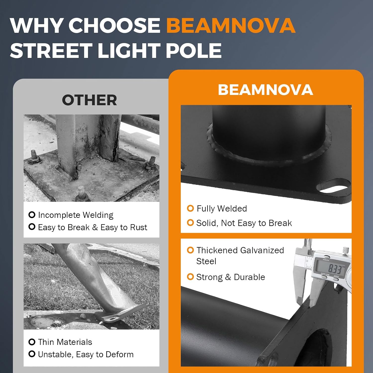 BEAMNOVA 13FT Street Light Pole, Black Street Lamp Post, for Outdoor Lights, Solar Street Light, String Lights, Accessory for Backyard, Patio, Park, Galvanized Steel Metal Pole