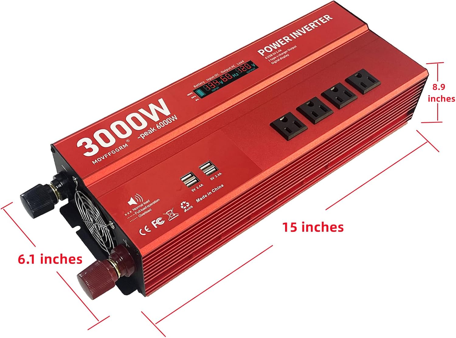 3000W 12V Power Inverter,Peak 6000W, Car/Truck/RV DC 12V to 110V 4AC Converter, 6X 2.4A USB Ports,with 18W Type-C Quick Charge Port,LCD Digital Display