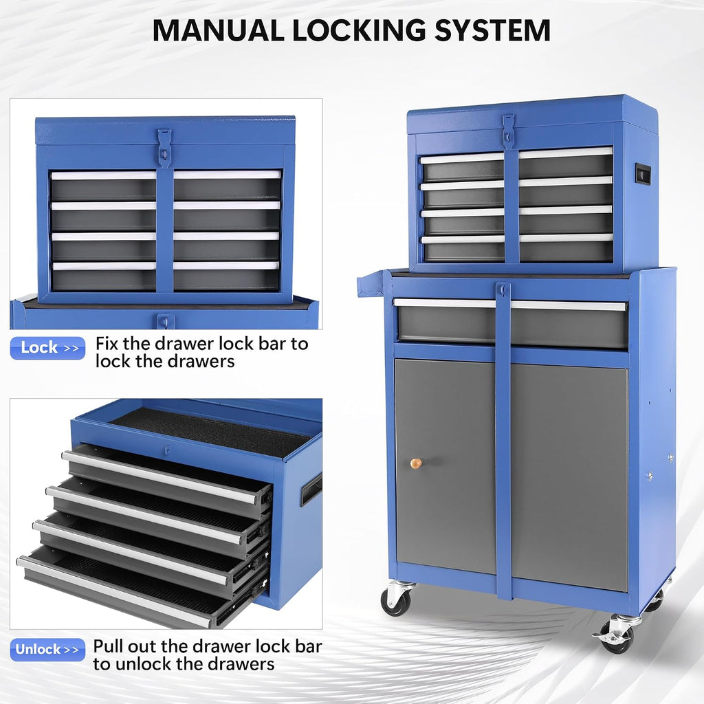 Tool Chest, 5-Drawer Rolling Tool Storage Cabinet with Detachable Top Tool Box, Liner, Universal Lockable Wheels, Adjustable Shelf, Locking Mechanism, Metal Tool Cart for Garage Workshop