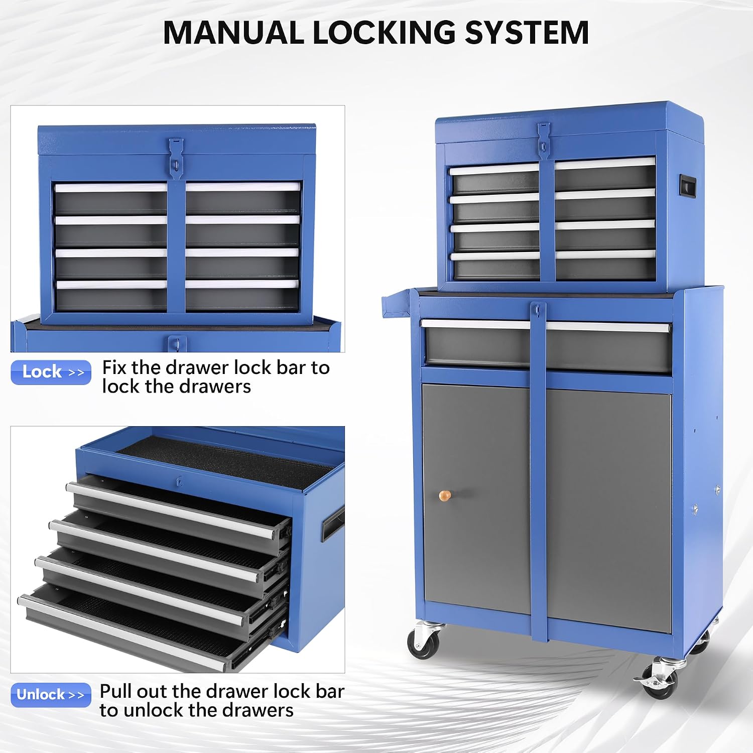 Tool Chest, 5-Drawer Rolling Tool Storage Cabinet with Detachable Top Tool Box, Liner, Universal Lockable Wheels, Adjustable Shelf, Locking Mechanism, Metal Tool Cart for Garage Workshop
