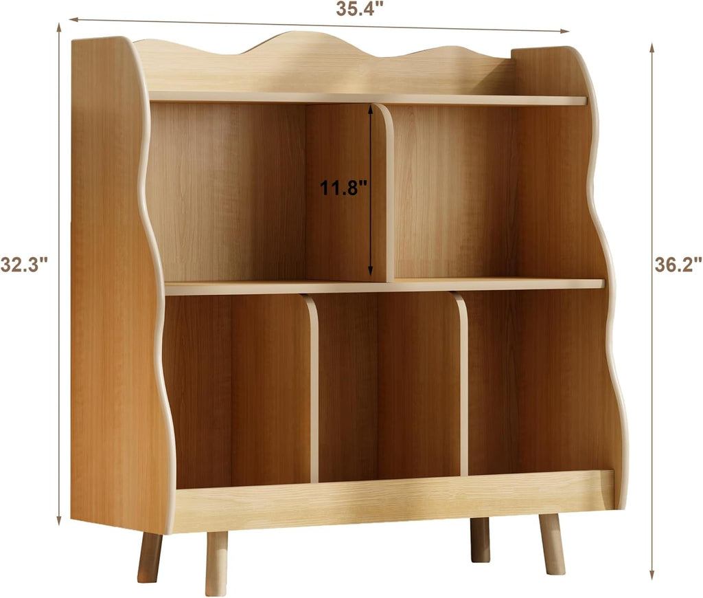 Treocho Kids Bookshelf and Toy Storage Orangizer, 3-Tier Wooden Children's Bookcase with Curve Design, 5 Toy Storage Cabinet Display with Legs for Children's Room, Playroom, School, Natural