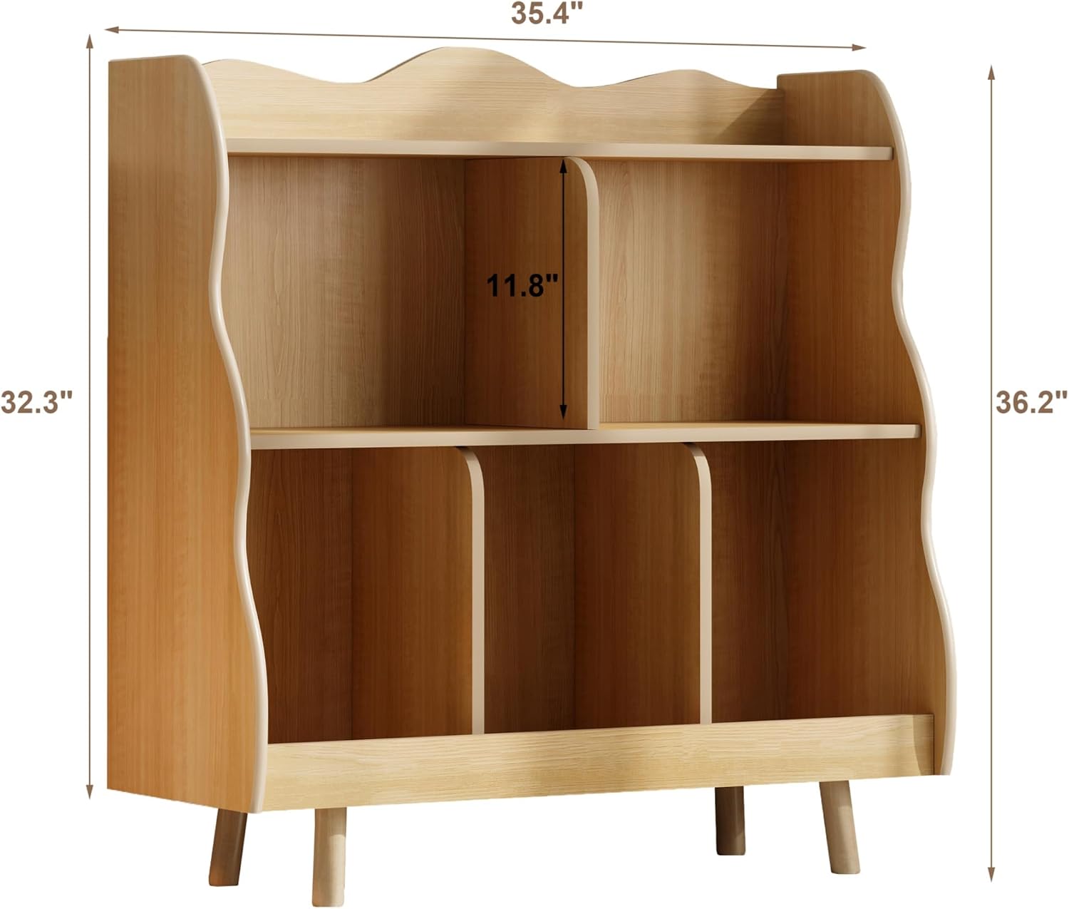 Treocho Kids Bookshelf and Toy Storage Orangizer, 3-Tier Wooden Children's Bookcase with Curve Design, 5 Toy Storage Cabinet Display with Legs for Children's Room, Playroom, School, Natural